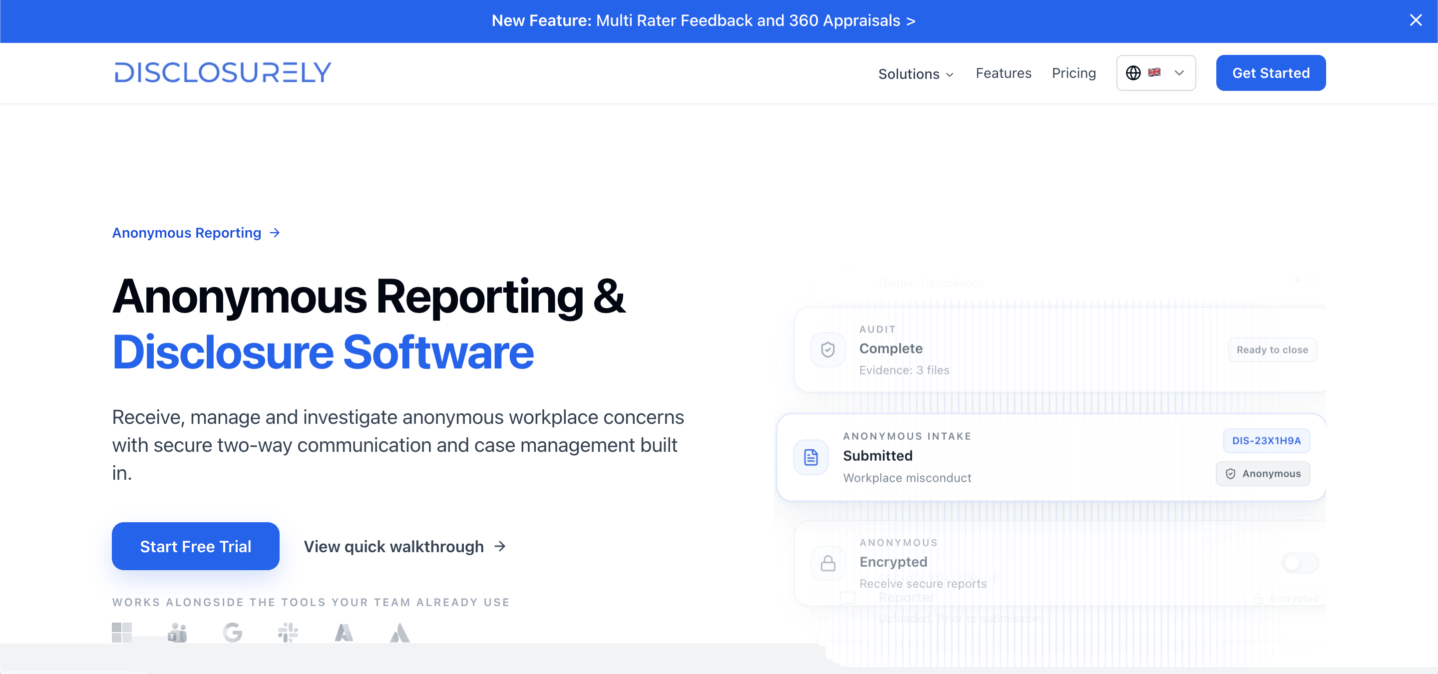 Disclosurely anonymous reporting workspace showing a case record and follow-up messages