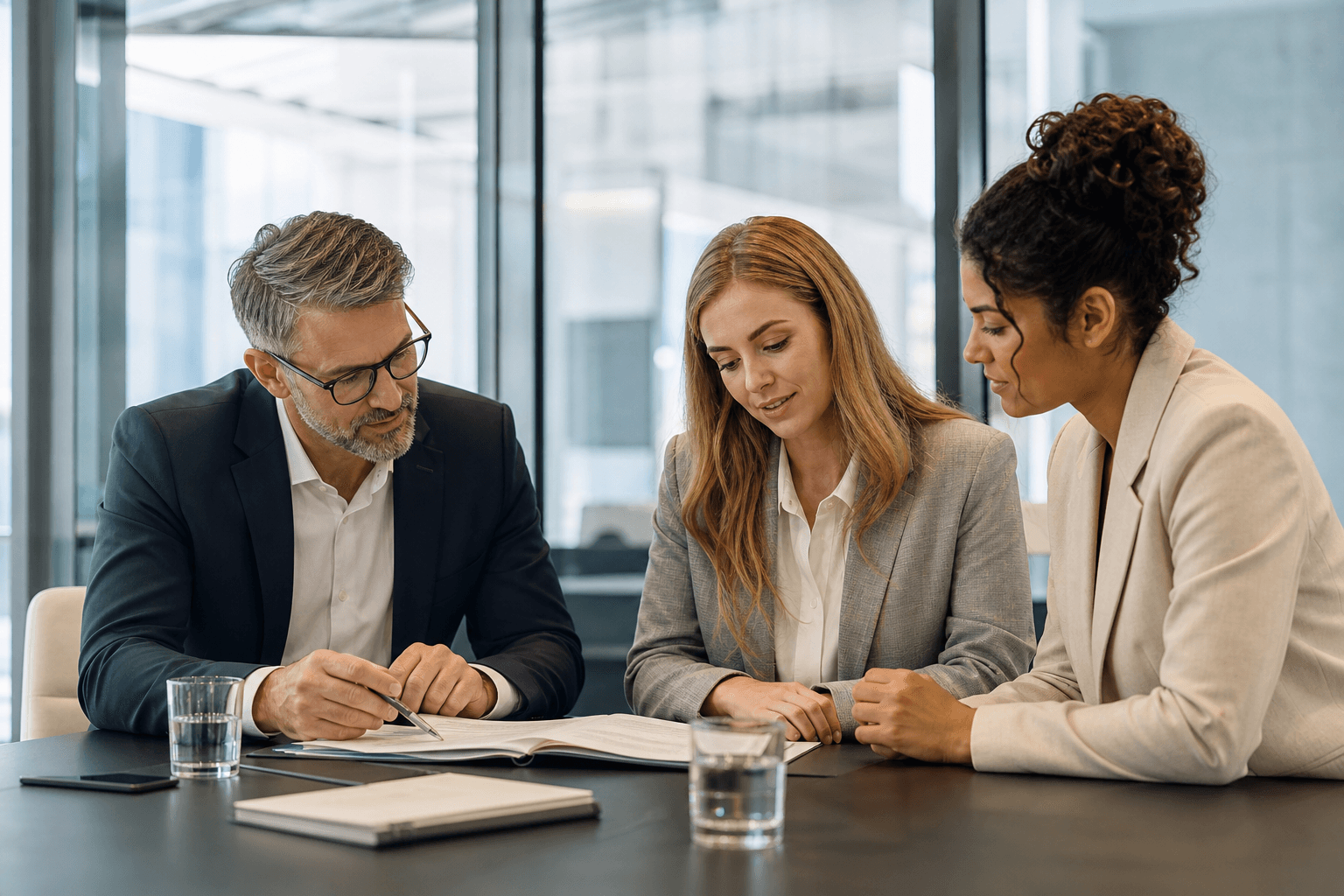 Consultants reviewing client information and collaborating in a modern consulting environment
