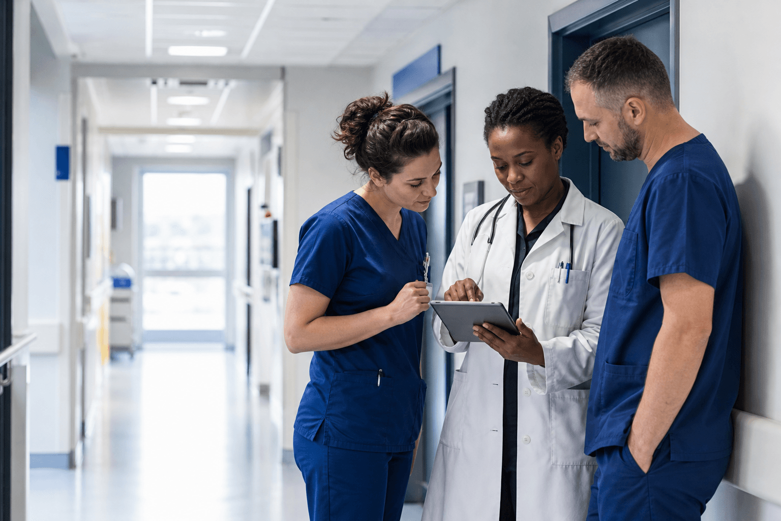 Healthcare staff collaborating in a modern NHS-style clinical corridor