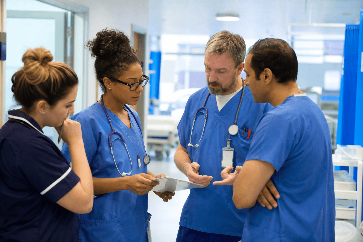 Zorgcollega's bespreken zorgpaden in een ruime, lichte klinische omgeving