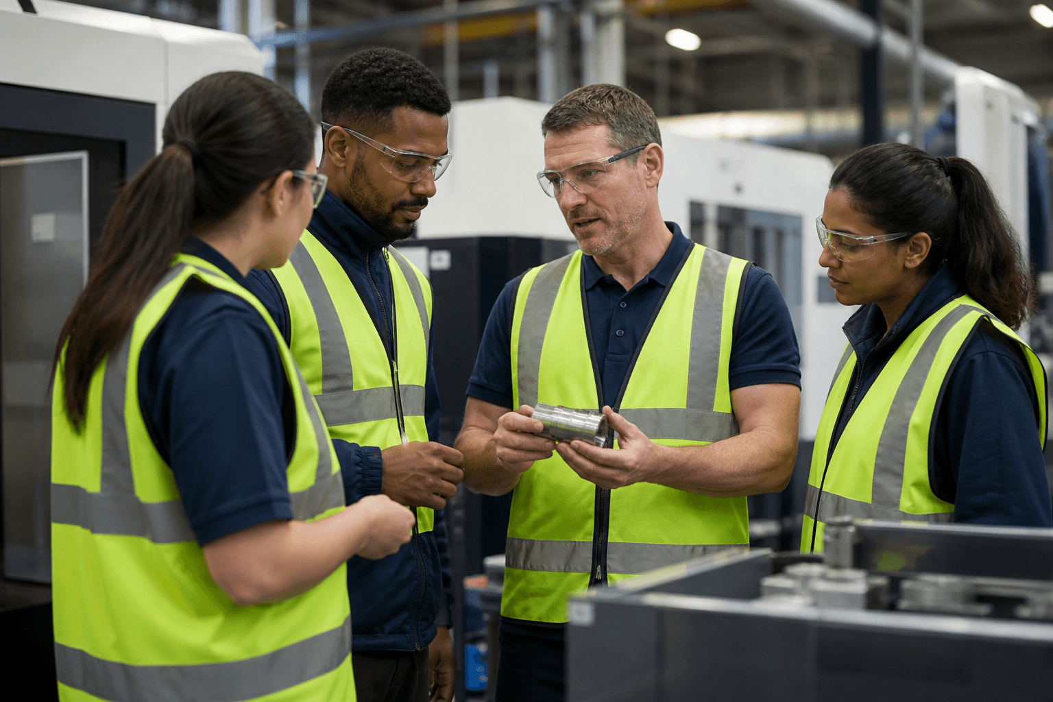 Ingenieurs bespreken plannen in een technische ruimte