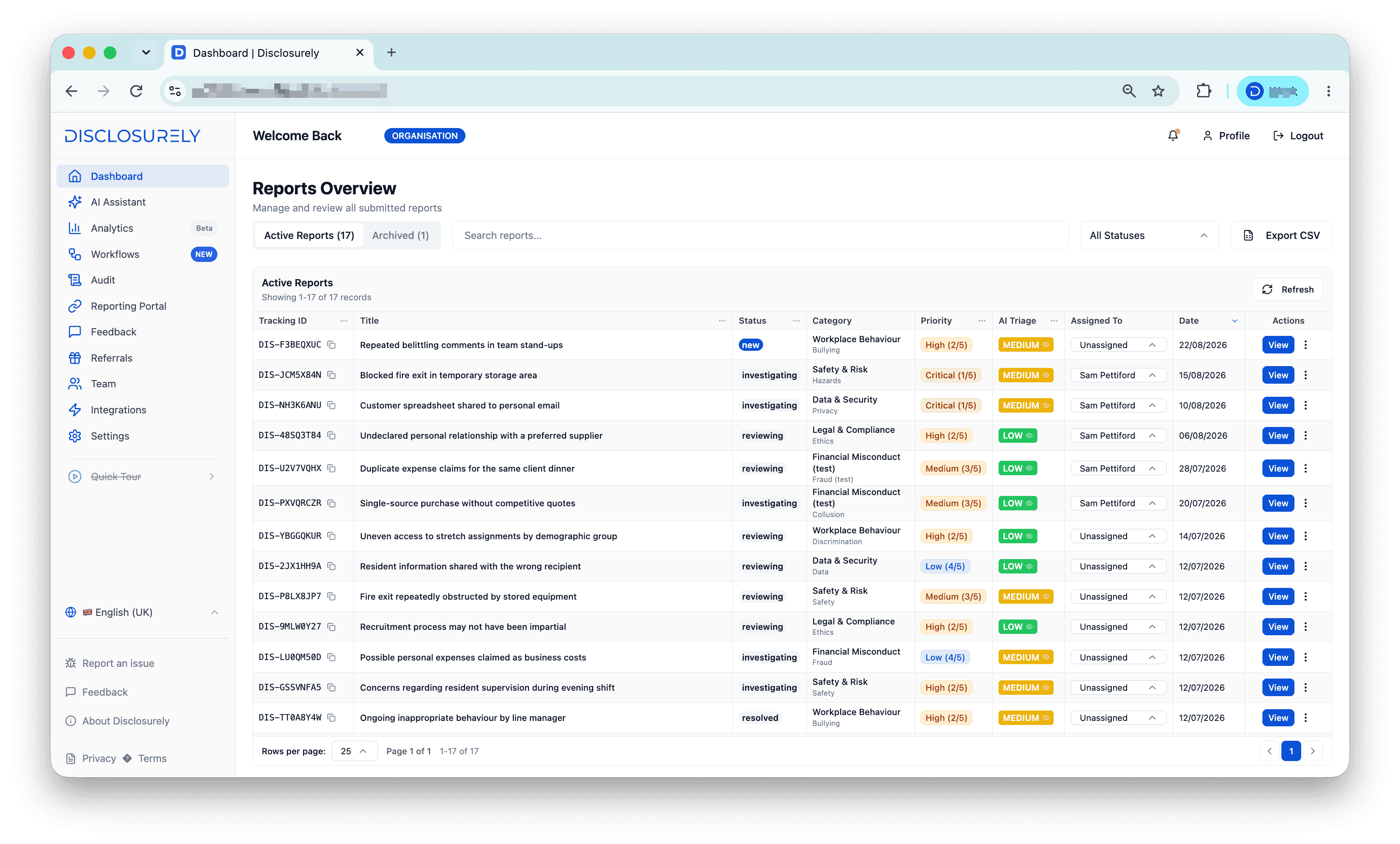 Disclosurely reports overview — active cases, status, priority and assignment in one workspace