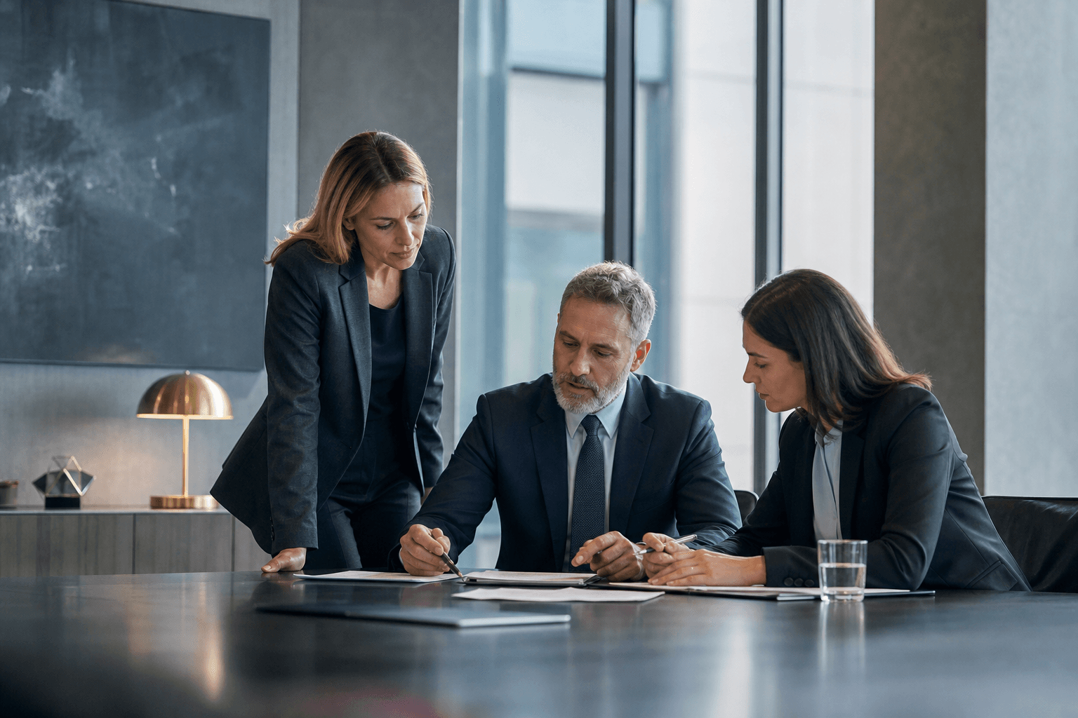 Compliance and governance professionals reviewing information in a financial services boardroom
