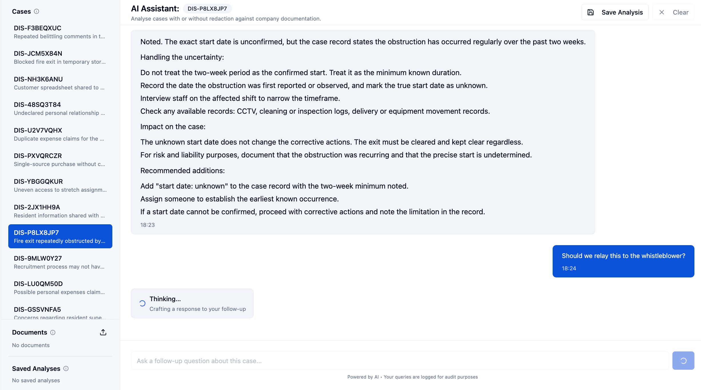 Disclosurely AI Assistant beside a list of cases, giving a handler suggested next steps for one case and answering a follow-up question