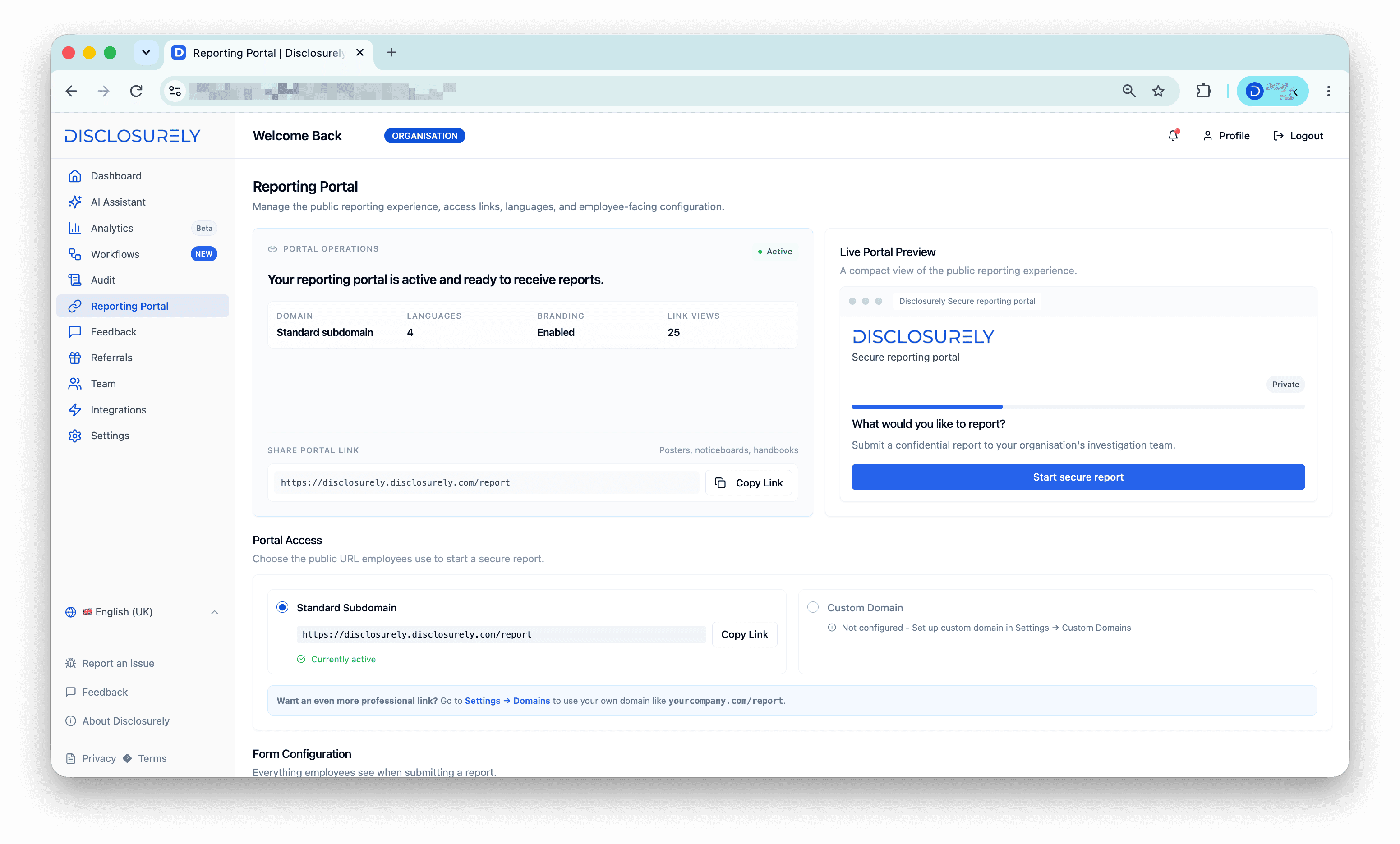 Disclosurely Reporting Portal — active public reporting link, languages, branding, and live employee-facing portal preview