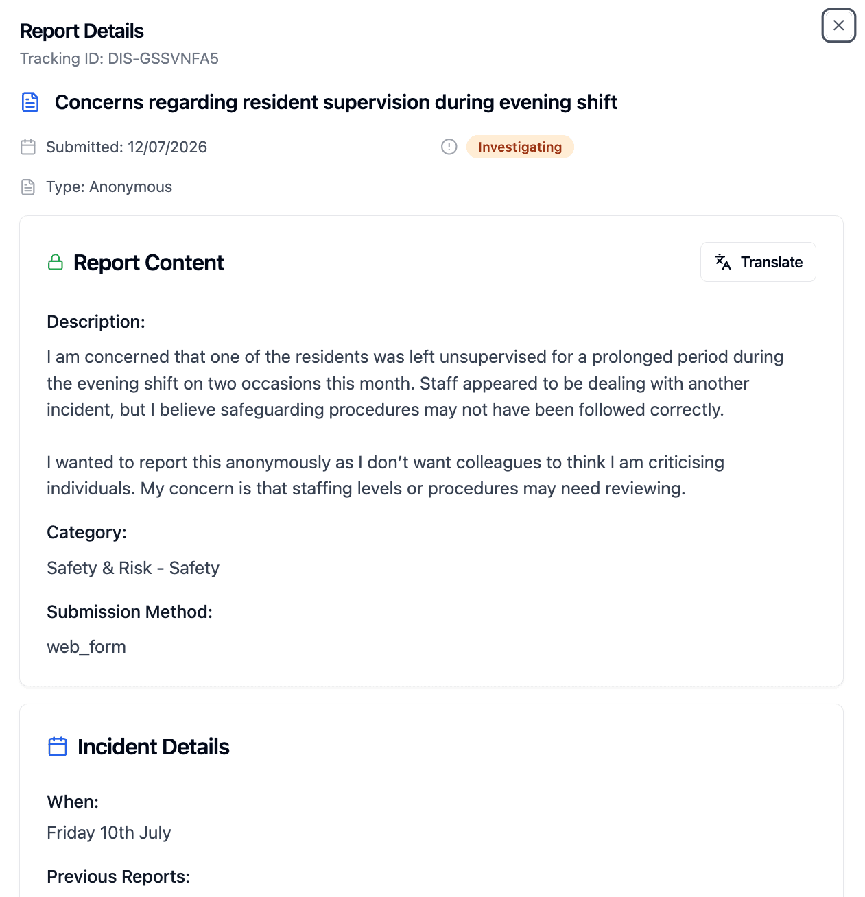 Disclosurely Report Details — anonymous report content, tracking ID, investigating status, and category
