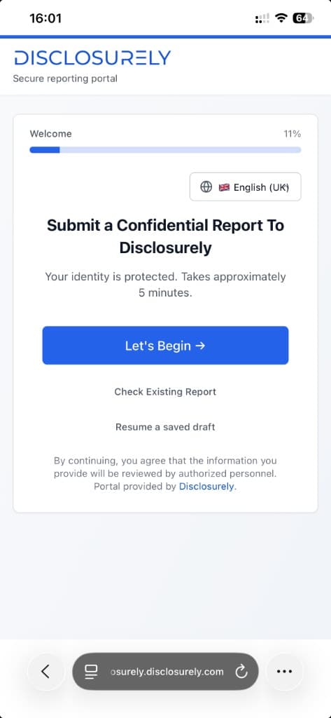Disclosurely secure reporting portal on a phone