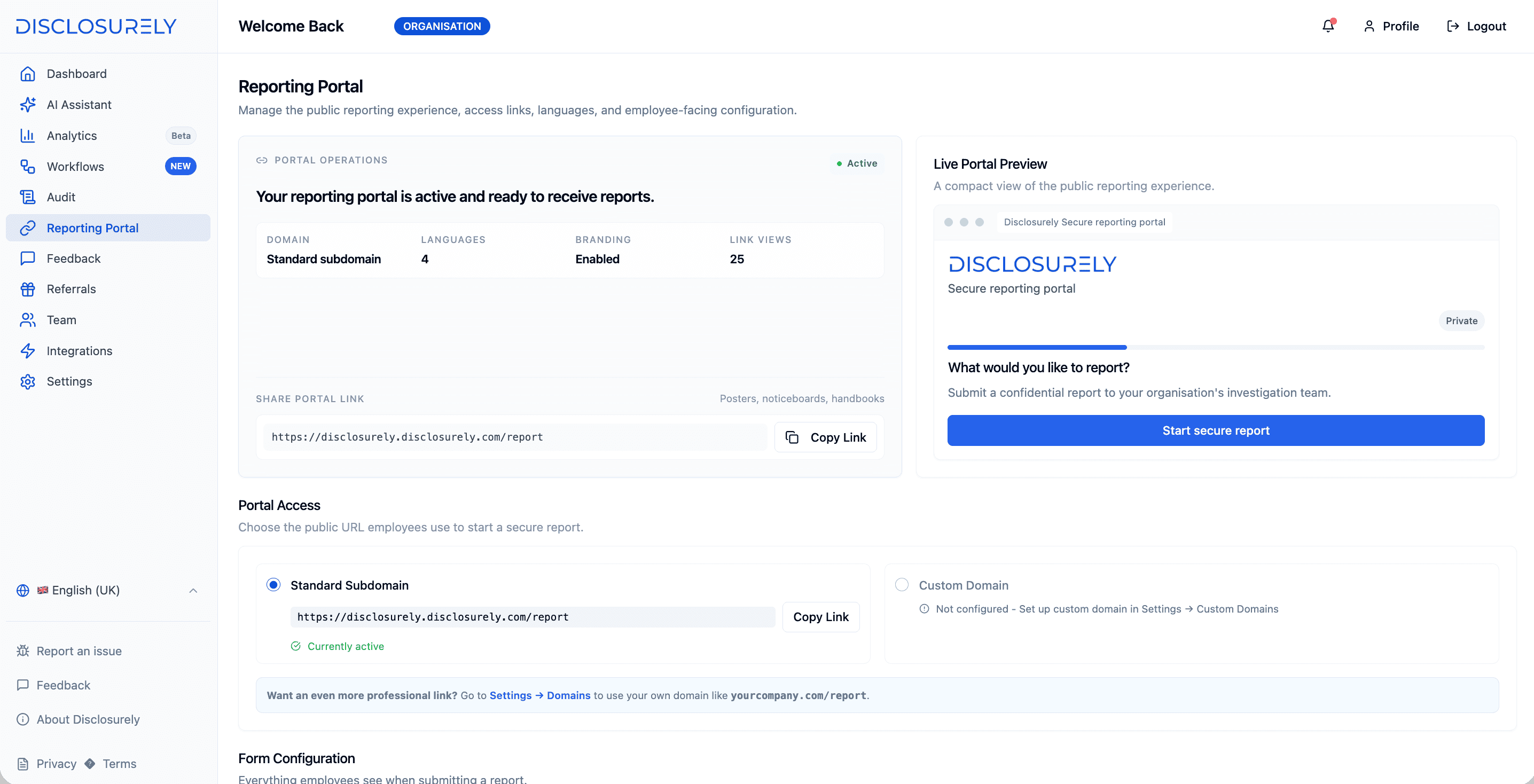 Disclosurely Reporting Portal settings showing an active portal, branding, languages, the shareable portal link and a live preview