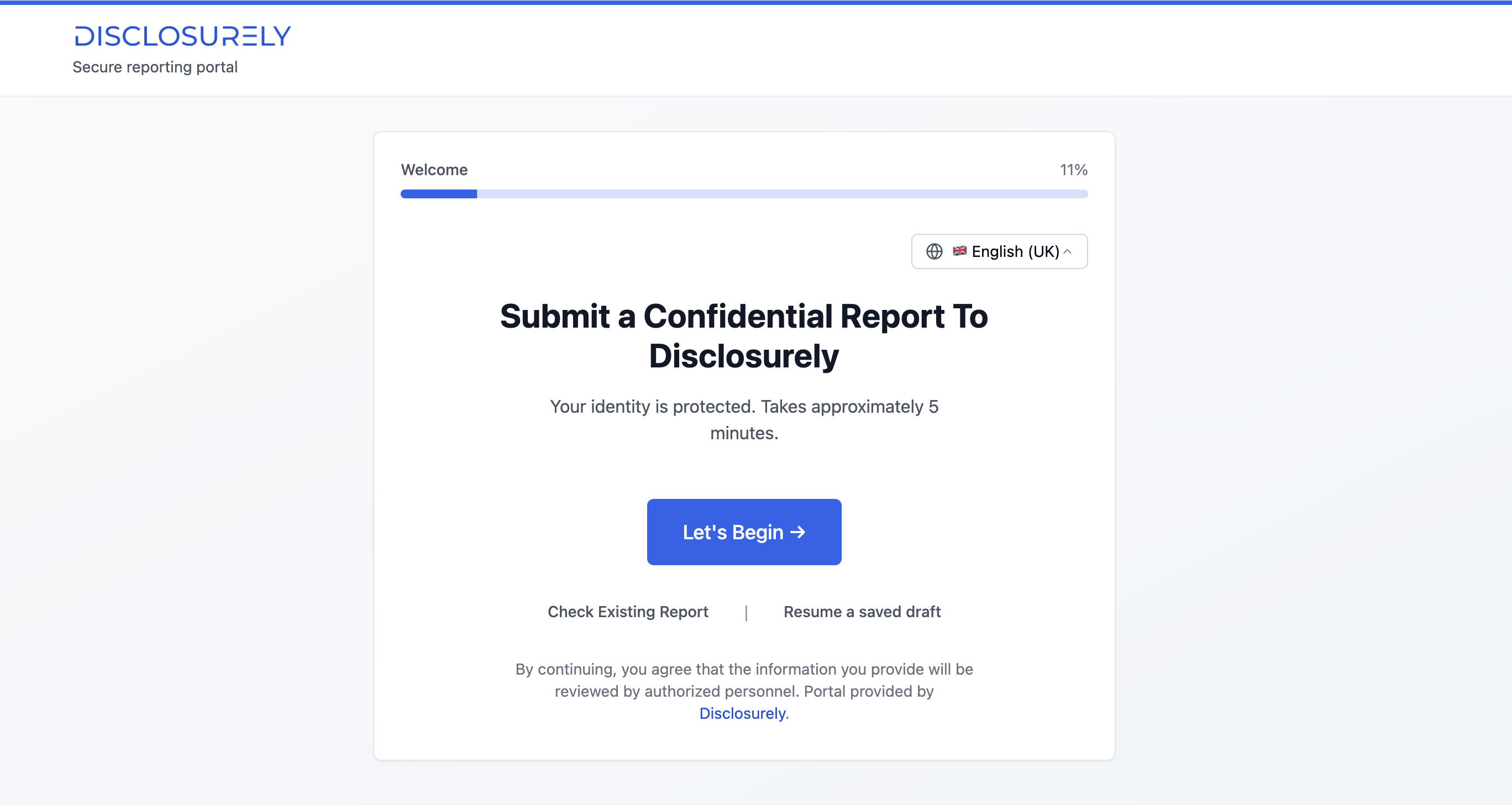 Disclosurely secure reporting portal on desktop